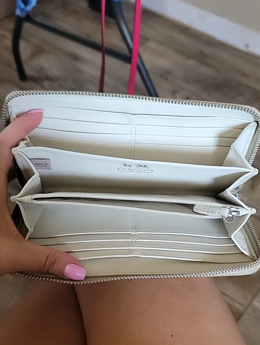 Coach Beige OP Art Signature Zip Wallet with Cream Center Stripe